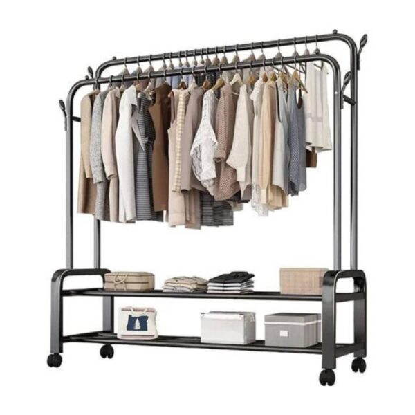 Heavy Duty Clothes Rack on Wheels with Shelf, Double Rail, 100kg Capacity – Black