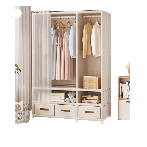 Portable Fabric Wardrobe with Cover – 2 Hanging Rods, 5 Shelves, Drawers – Dustproof Multicolor Closet