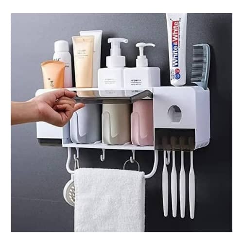 Wall Mounted Toothbrush Holder, Towel Rack & Toothpaste Dispenser - White.